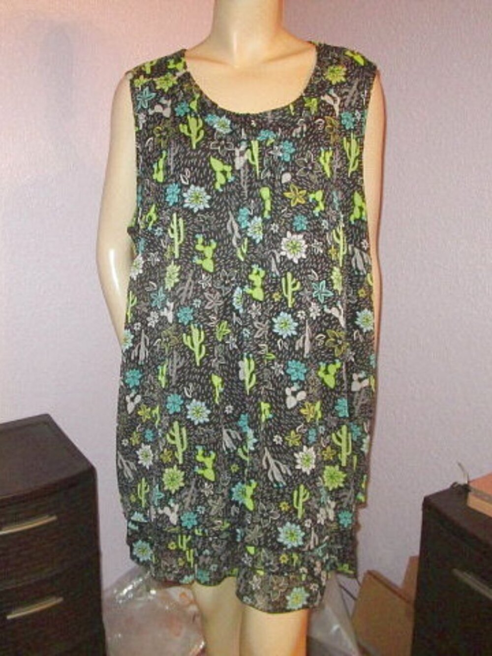 Canda Southwestern Dress Size 3X Tiered Pintuck Sleeveless Popover Cactus Floral
